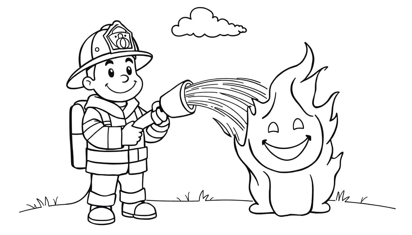 Placa de color de un bombero valiente apagando un fuego feliz.