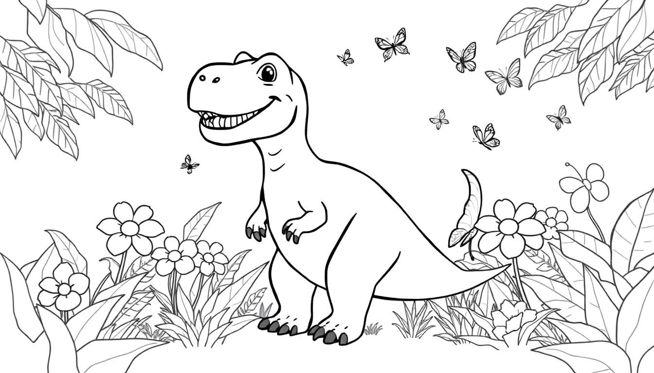 Un dibujo lineal en blanco y negro de un T-Rex amigable en una jungla con flores y mariposas.