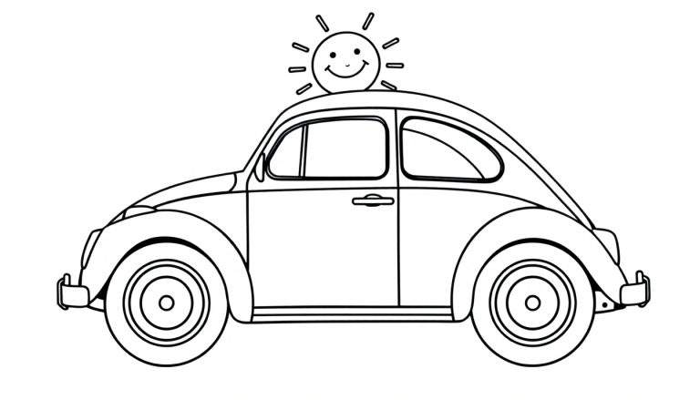 Placa de color de un Volkswagen Beetle clásico con un sol sonriente en el techo.