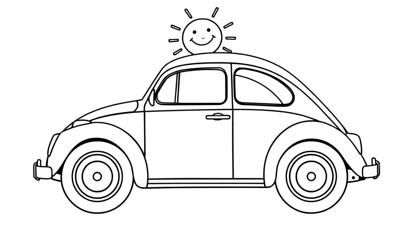 Placa de color de un Volkswagen Beetle clásico con un sol sonriente en el techo.