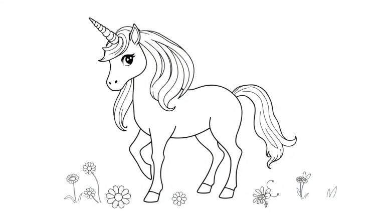 Un unicornio blanco y negro dibujado a mano para colorear, de pie en un campo de flores, listo para ser pintado.