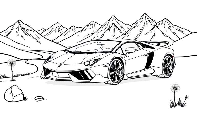 Un coche deportivo Lamborghini listo para colorear en un paisaje de montaña.