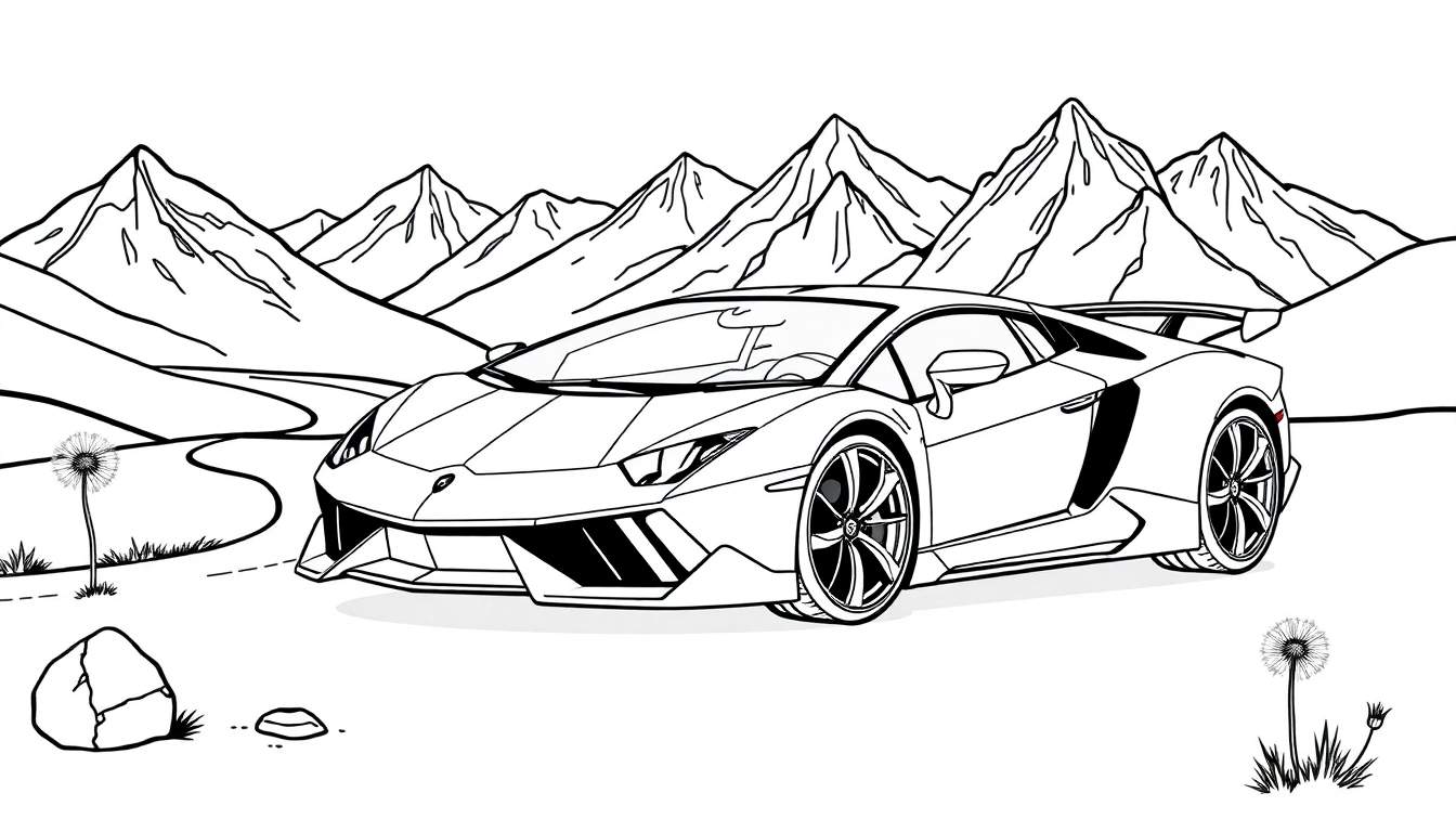 Un coche deportivo Lamborghini listo para colorear en un paisaje de montaña.