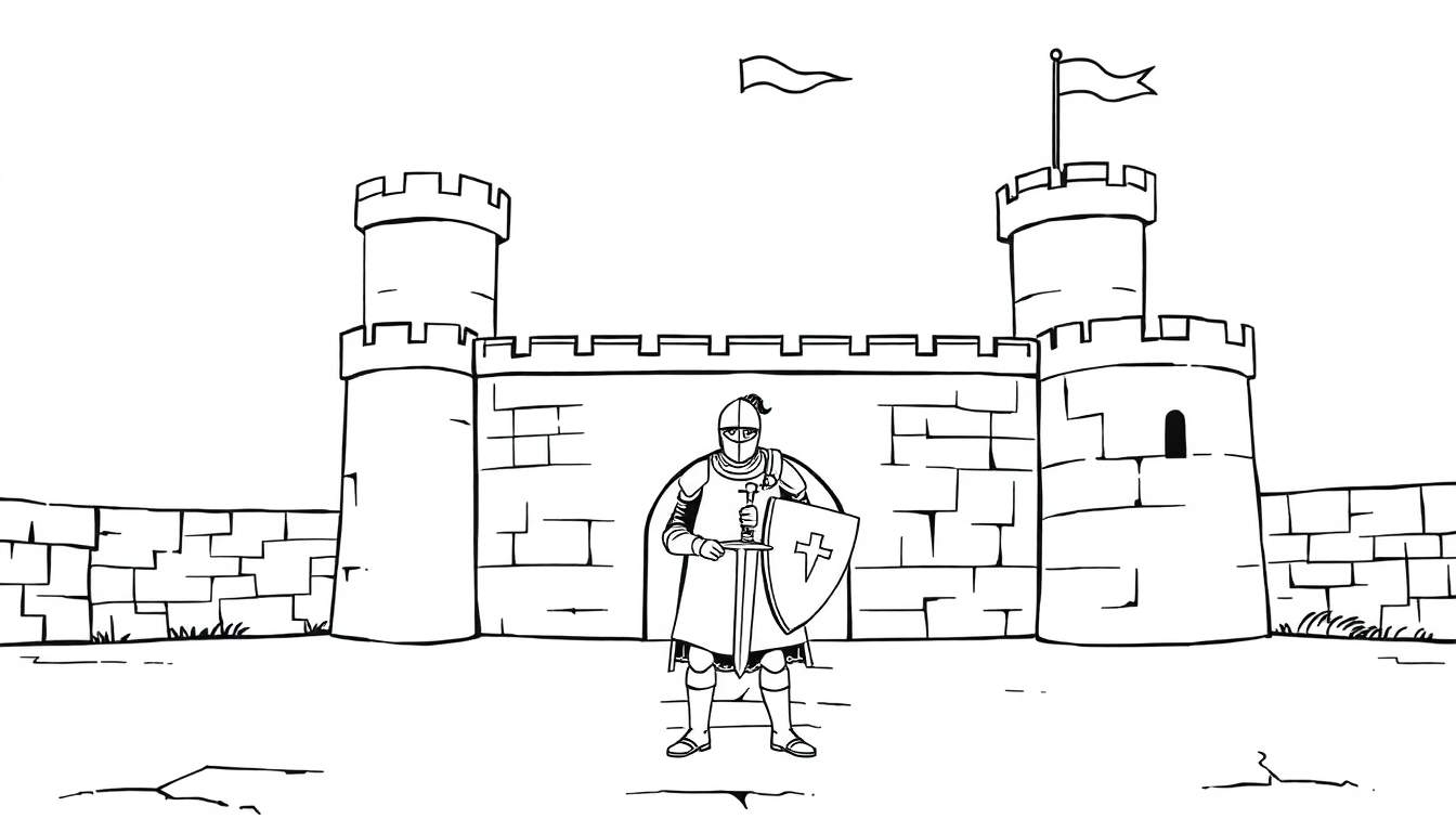Página para colorear de un caballero valiente frente a su castillo, con una espada y un escudo, lista para la placa de color.