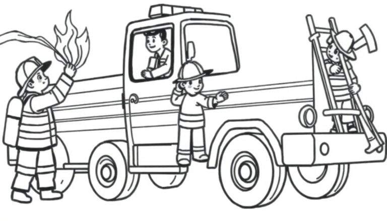 Un dibujo lineal para colorear de un camión de bomberos con bomberos trabajando. La placa de color está esperando a que los niños la llenen de vida.