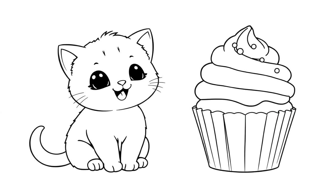 Placa de color de un gatito kawaii con un cupcake gigante.