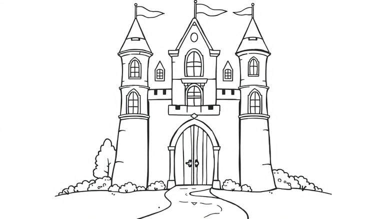 Placa de color: Un castillo de cuento de hadas con tres torres y una bandera en cada una.