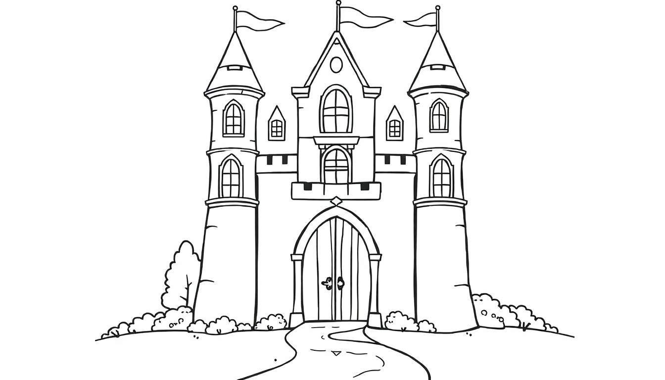 Placa de color: Un castillo de cuento de hadas con tres torres y una bandera en cada una.