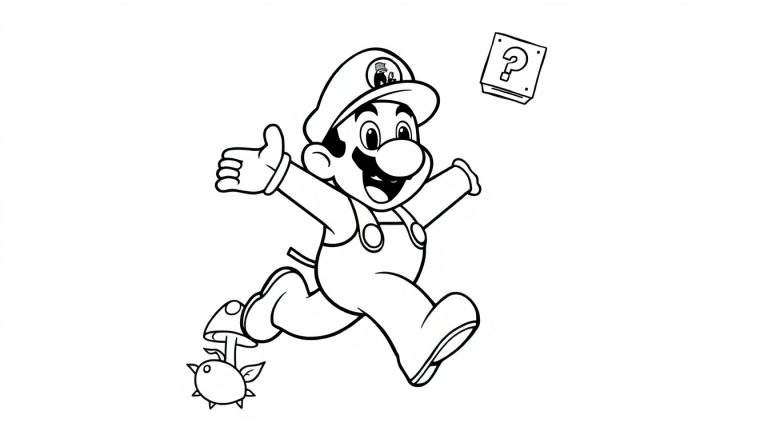 Placa de color de Mario corriendo hacia un bloque de signos de interrogación y un Goomba.