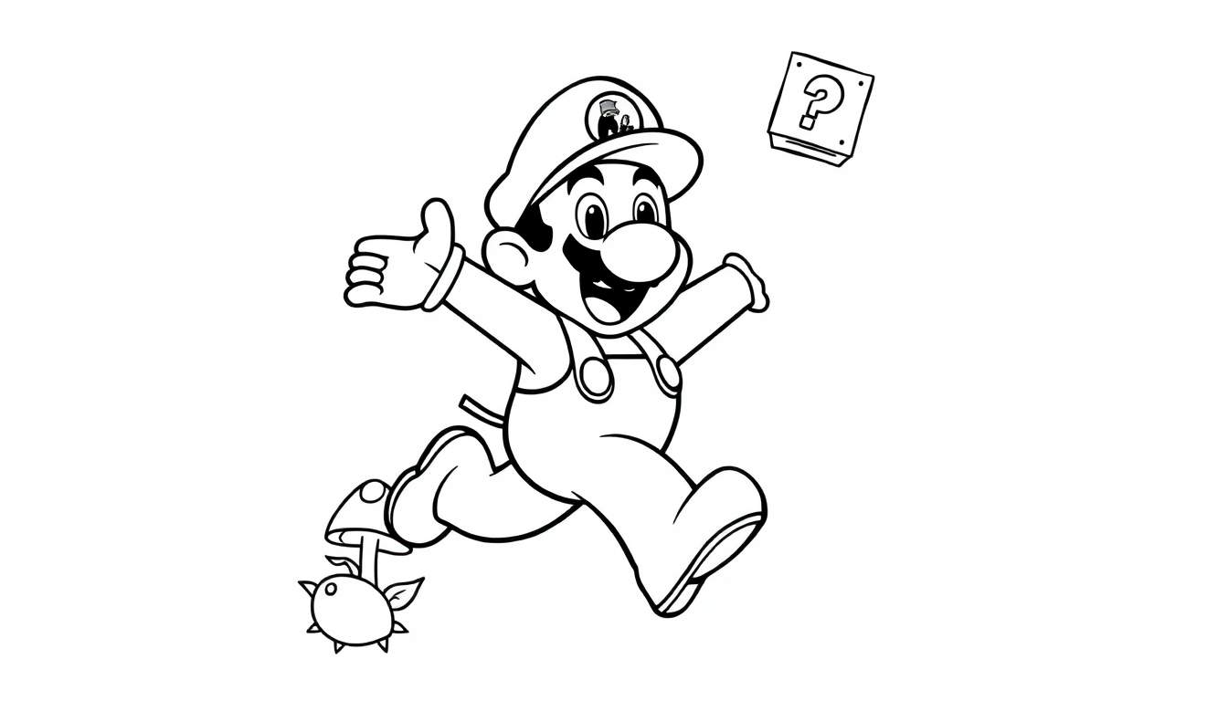 Placa de color de Mario corriendo hacia un bloque de signos de interrogación y un Goomba.