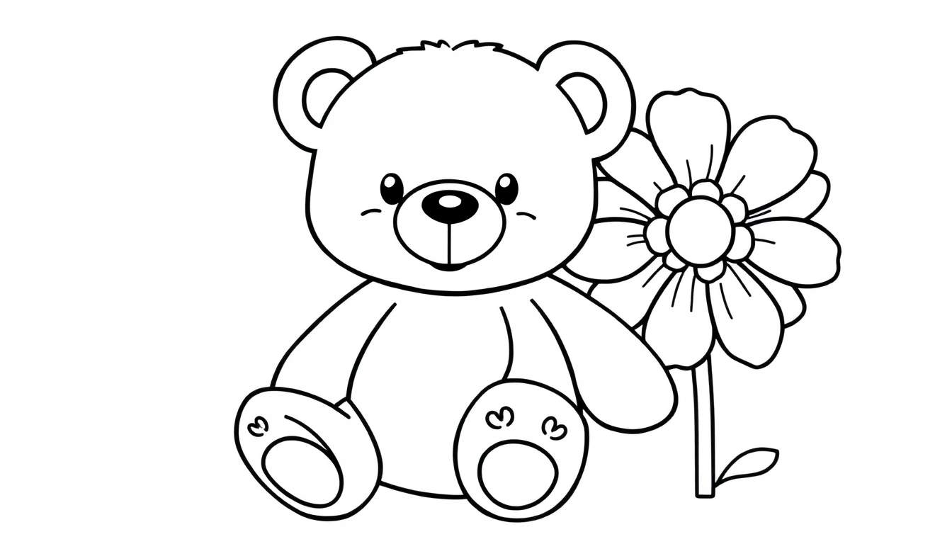 Placa de color de un osito de peluche con una flor.