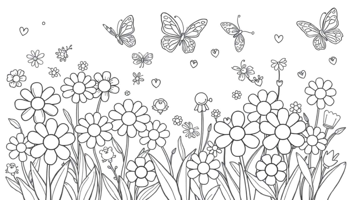 Un dibujo lineal de un campo de margaritas con mariposas y corazones, listo para colorear.