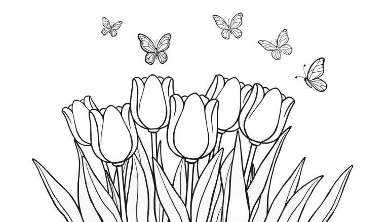 Placa de color de tulipanes felices con mariposas.