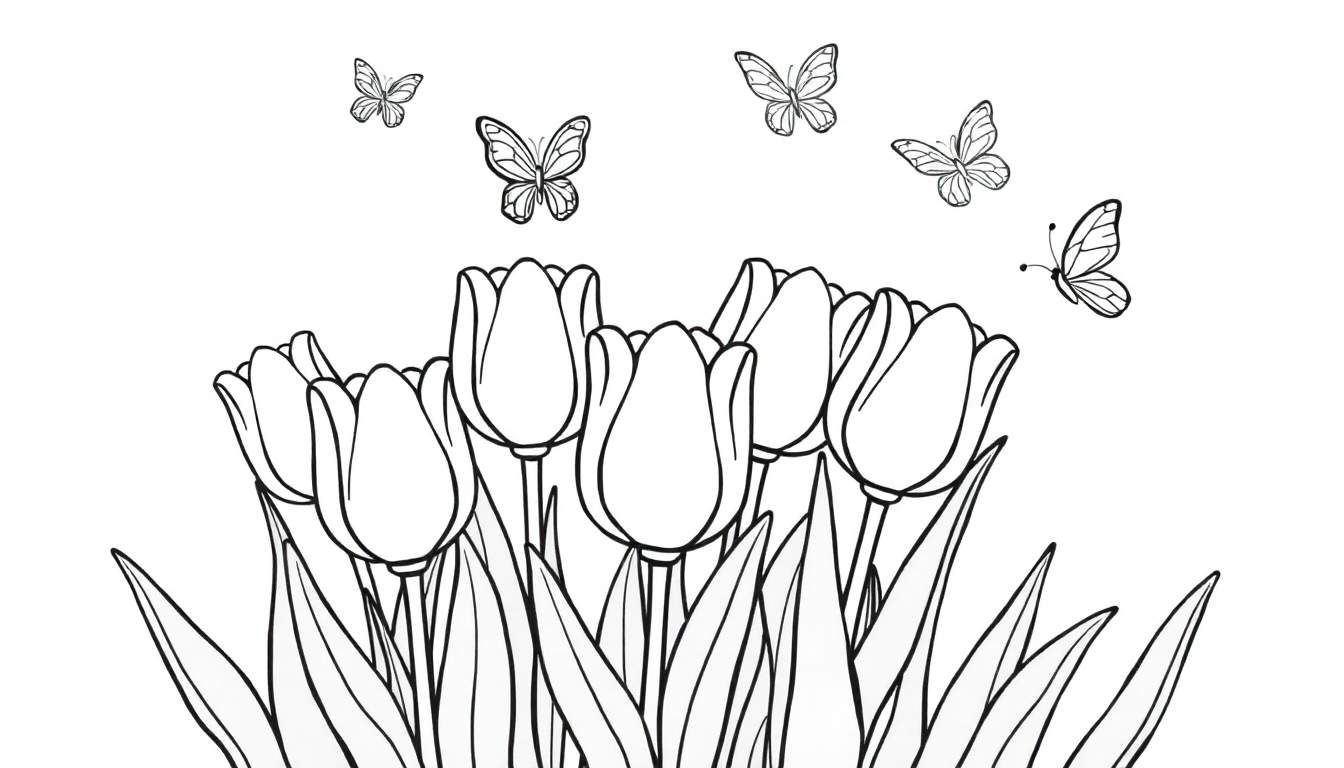 Placa de color de tulipanes felices con mariposas.
