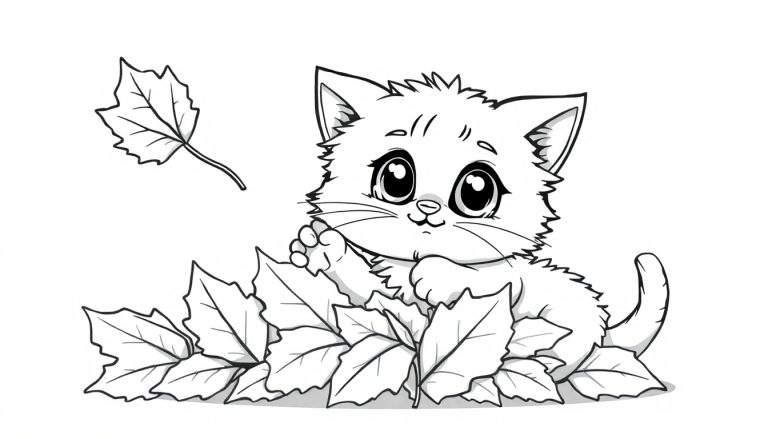 Placa de color de un gatito juguetón entre hojas de otoño.
