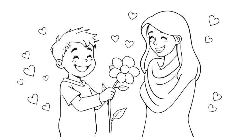 Placa de color: Un niño sonriente le da una flor a su mamá rodeados de corazones.