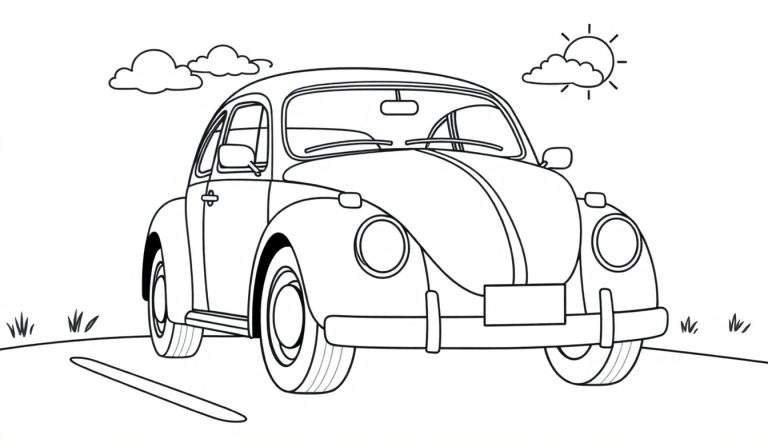 Un escarabajo Volkswagen clásico listo para ser coloreado, con su placa de color esperándote.