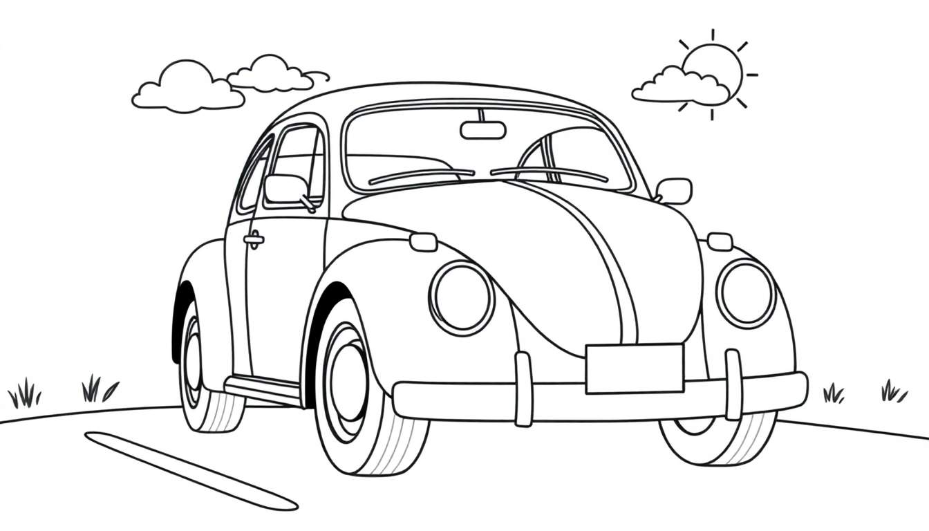 Un escarabajo Volkswagen clásico listo para ser coloreado, con su placa de color esperándote.
