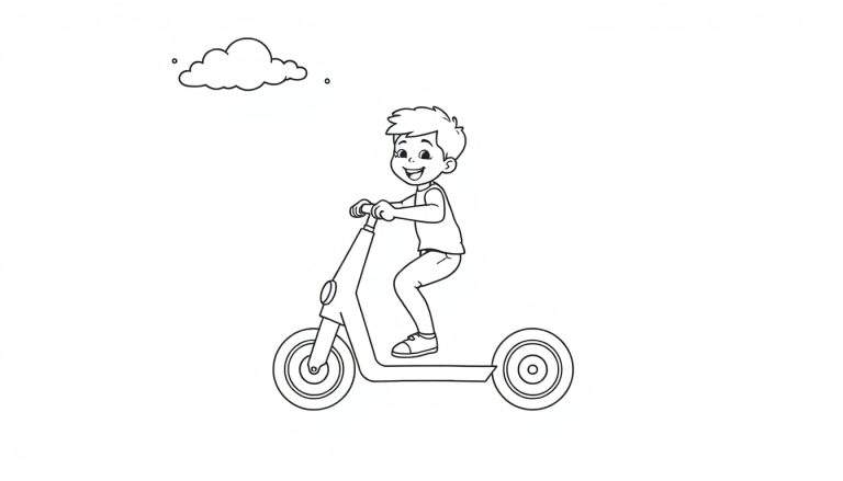 Un niño sonriente en patineta, listo para ser coloreado, con una placa de color.