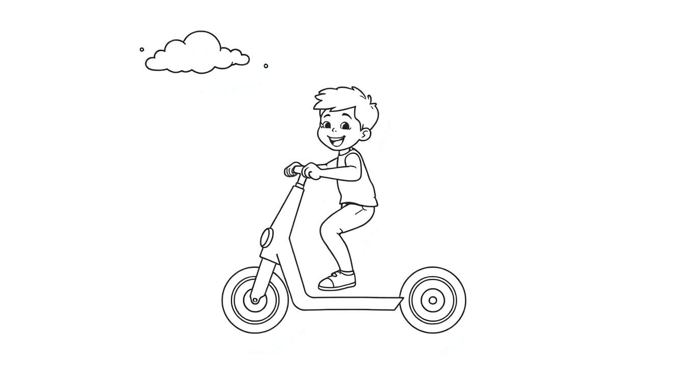 Un niño sonriente en patineta, listo para ser coloreado, con una placa de color.