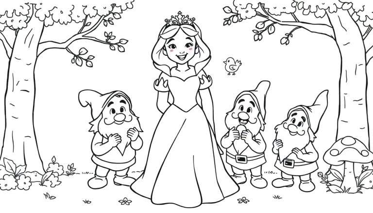 Placa de color de Blancanieves sonriendo con 7 enanitos y un pájaro en un bosque.