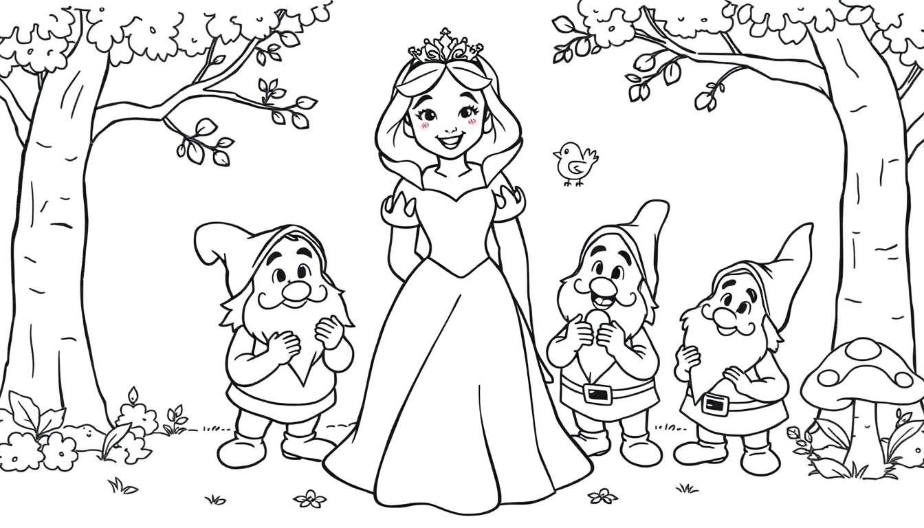 Placa de color de Blancanieves sonriendo con 7 enanitos y un pájaro en un bosque.