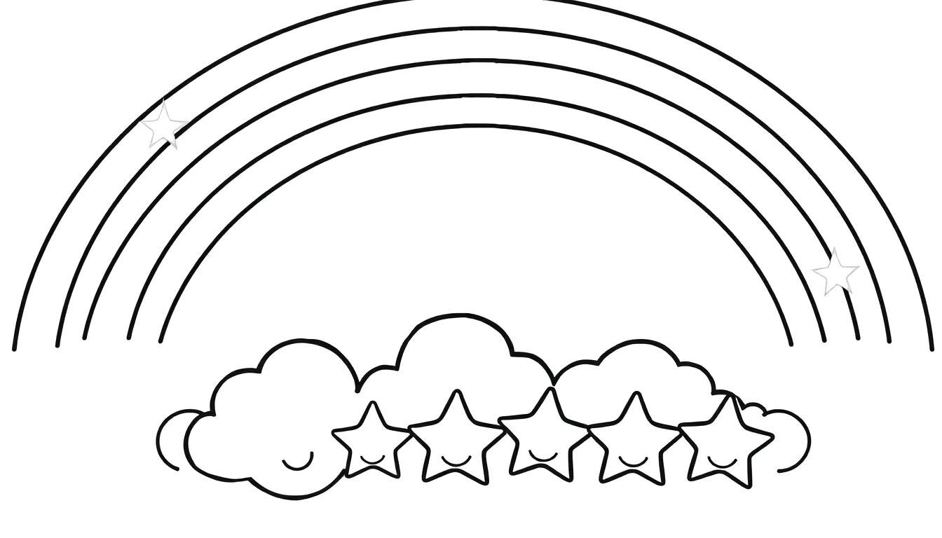 Un dibujo para colorear de un arcoíris de cinco arcos con una estrella a cada lado, una nube sonriente y cinco estrellas sonrientes debajo. Placa de color.