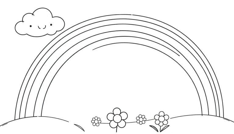 Placa de color: Dibujo lineal de un arco iris feliz y nubes sonrientes con flores, listo para colorear.