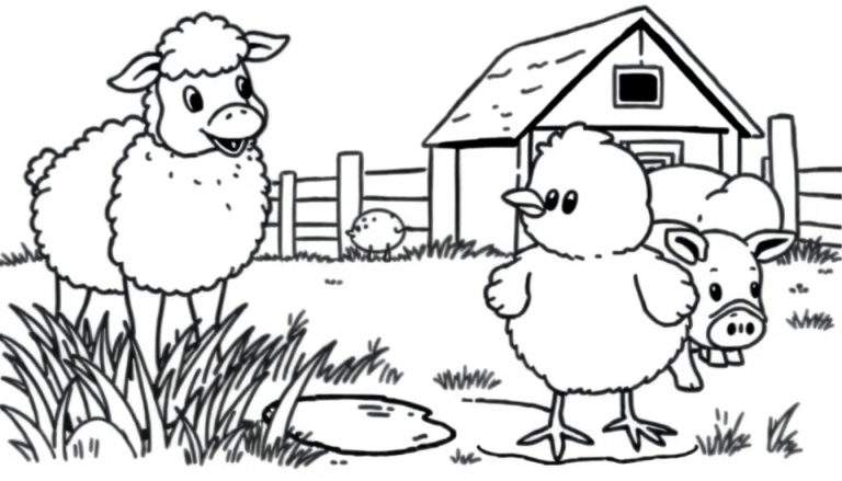 Placa de color de un pollito juguetón con una oveja y un cerdito en una granja.