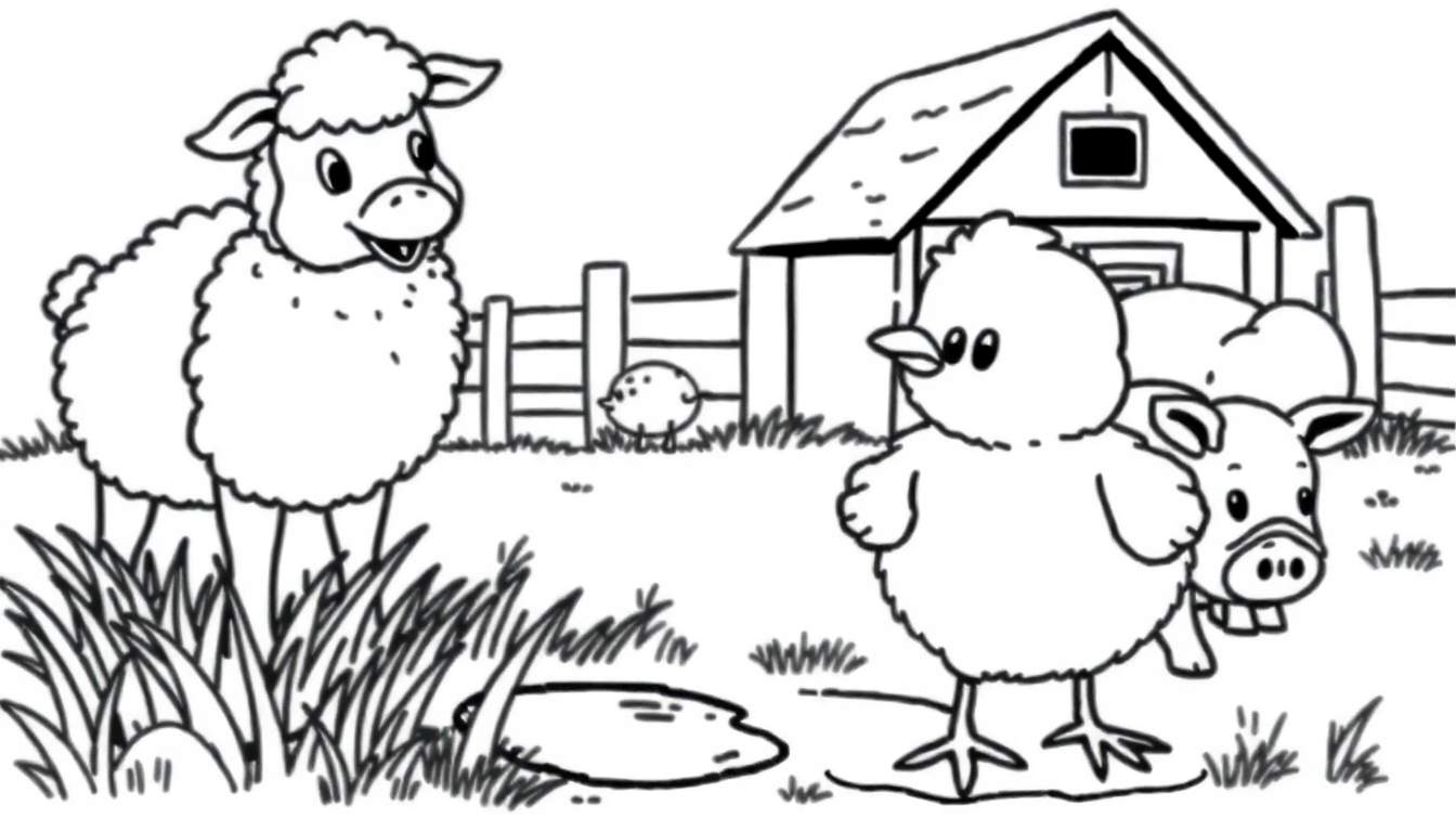 Placa de color de un pollito juguetón con una oveja y un cerdito en una granja.