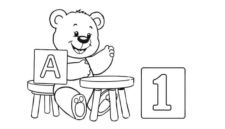 Placa de color: Oso de peluche amigable aprendiendo el número 1 y la letra A.