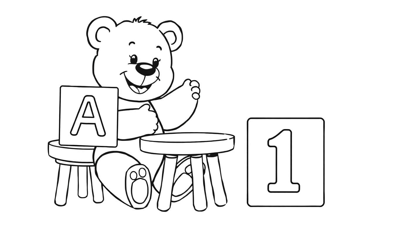 Placa de color: Oso de peluche amigable aprendiendo el número 1 y la letra A.
