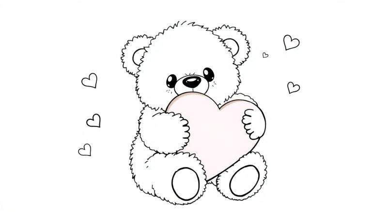 Un adorable osito de peluche blanco sosteniendo un corazón rosa pálido rodeado de pequeños corazones negros, placa para colorear.