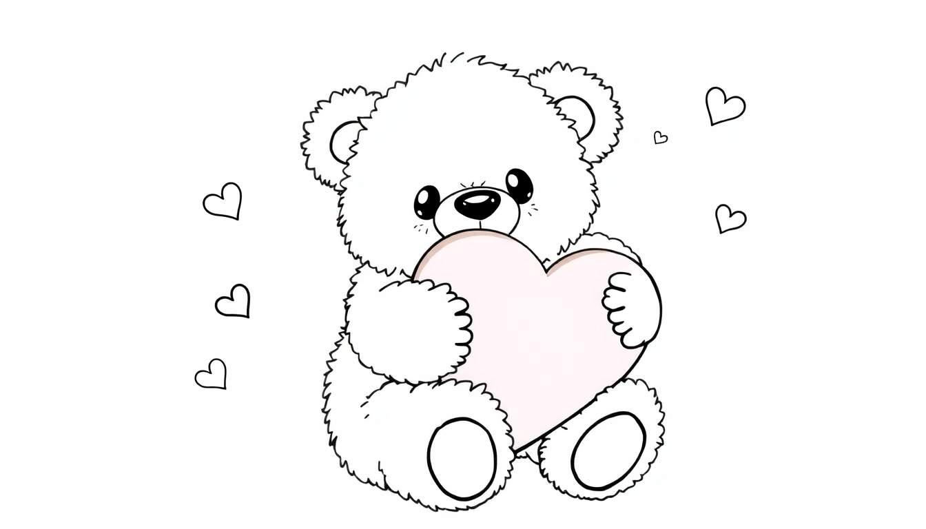 Un adorable osito de peluche blanco sosteniendo un corazón rosa pálido rodeado de pequeños corazones negros, placa para colorear.