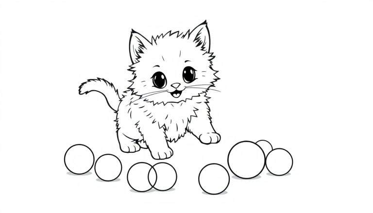 Placa de color de un gatito tierno jugando con bolas.