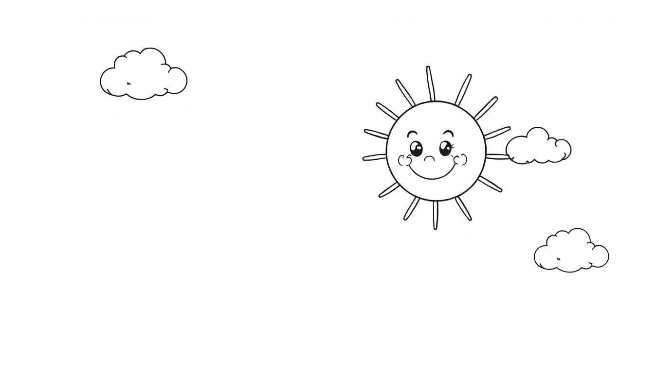 Un sol sonriente con rayos y nubes dispersas en un fondo blanco.