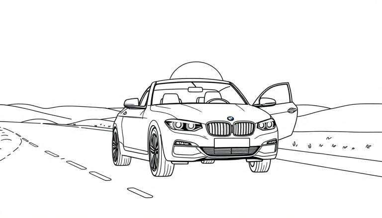 Un coche BMW convertible blanco y negro listo para pintar con la puerta abierta, sobre una carretera con líneas discontinuas y un sol circular en el fondo.