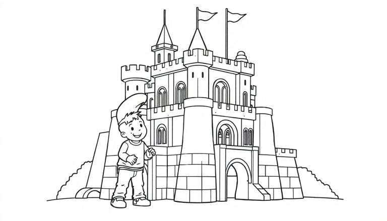 Placa de color de un niño sonriendo frente a un castillo de dibujos animados.