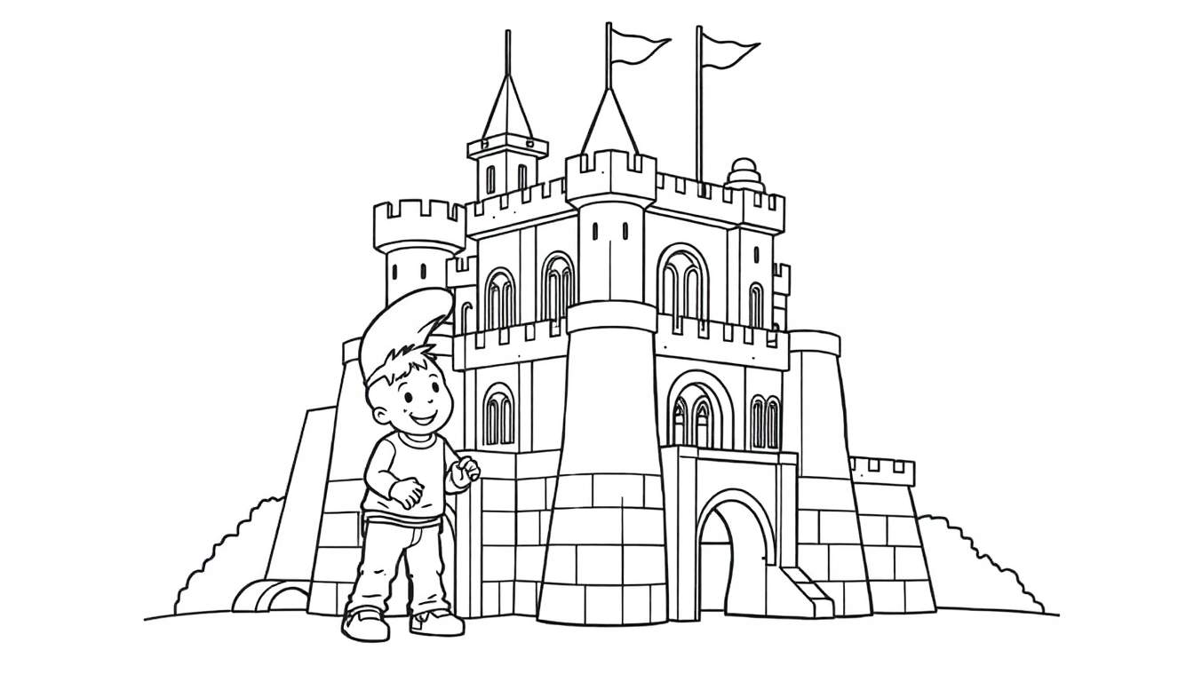 Placa de color de un niño sonriendo frente a un castillo de dibujos animados.
