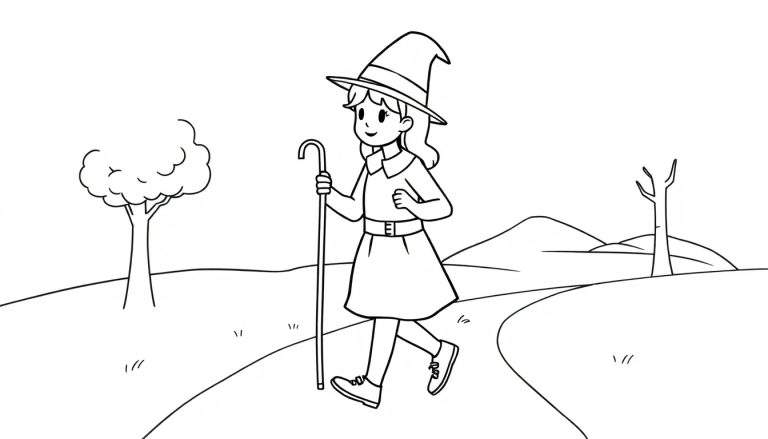 Una niña bruja sonriente con sombrero y bastón caminando por un sendero, página para colorear en blanco y negro.