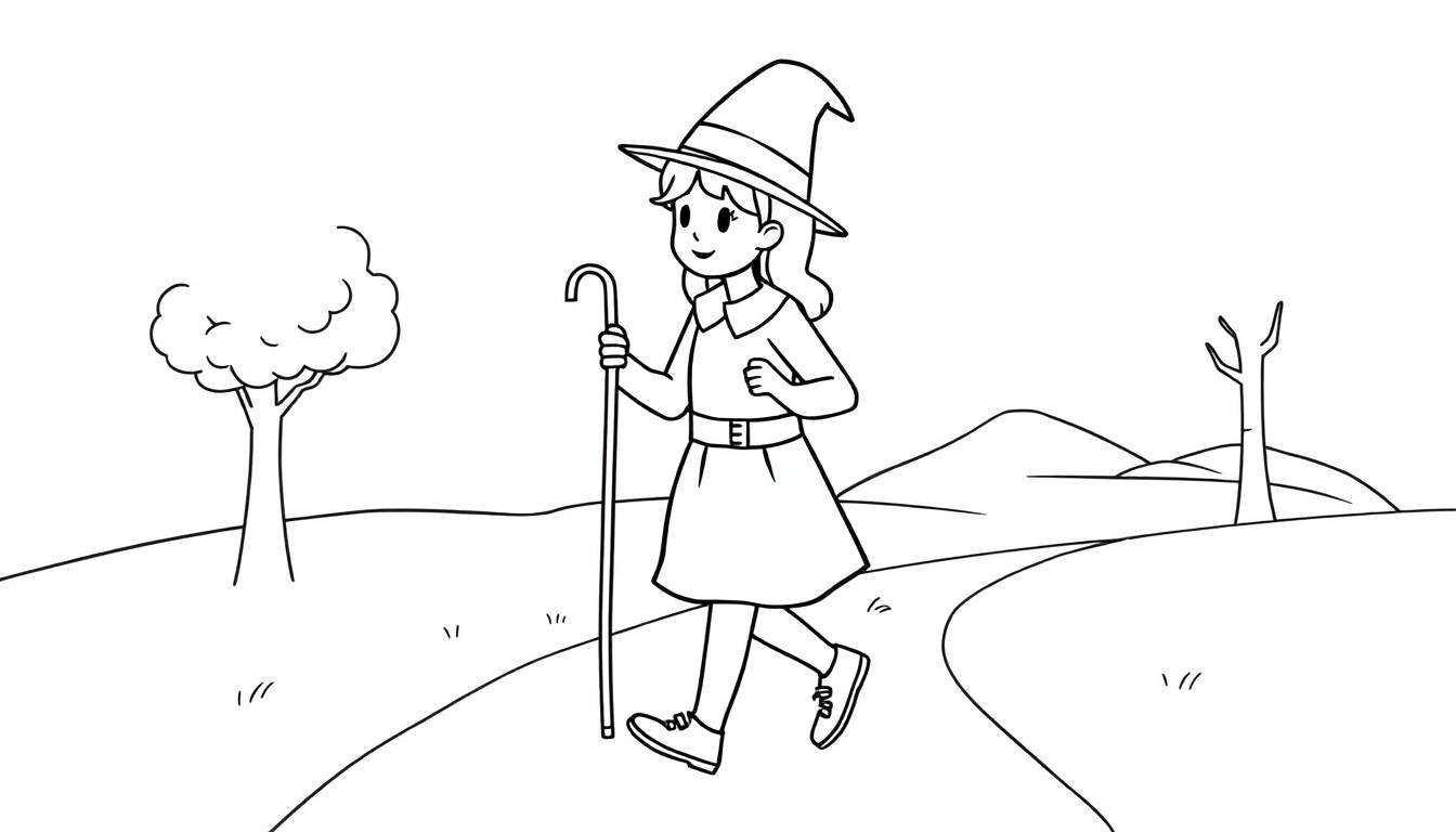 Una niña bruja sonriente con sombrero y bastón caminando por un sendero, página para colorear en blanco y negro.