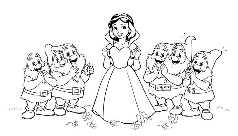 Blancanieves y los siete enanitos sonriendo en una placa de color.