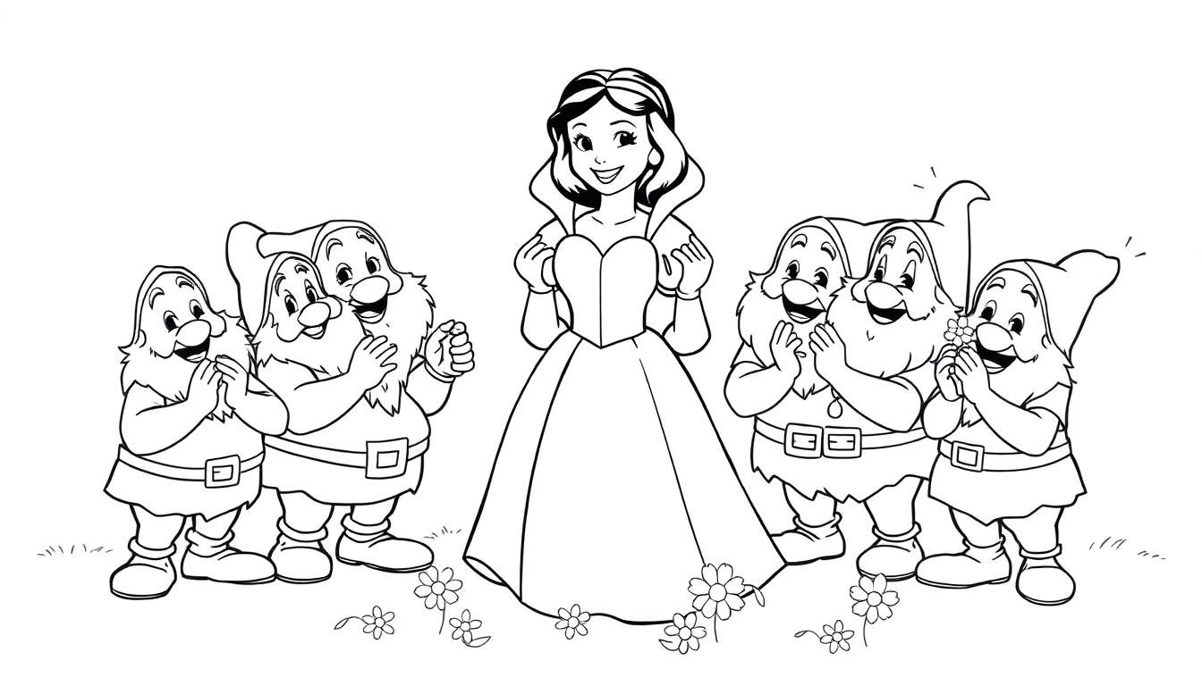 Blancanieves y los siete enanitos sonriendo en una placa de color.
