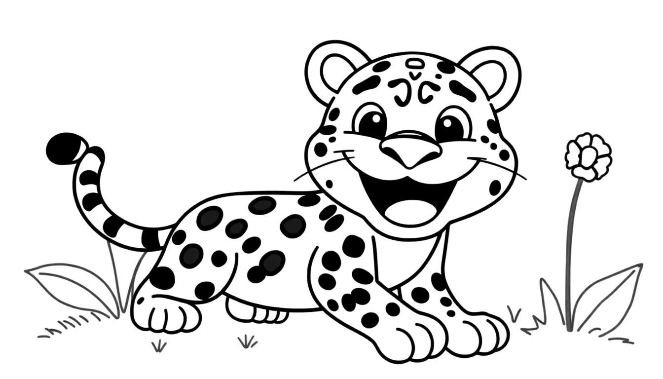 Un cachorro de leopardo sonriente, listo para ser coloreado en esta placa de color.