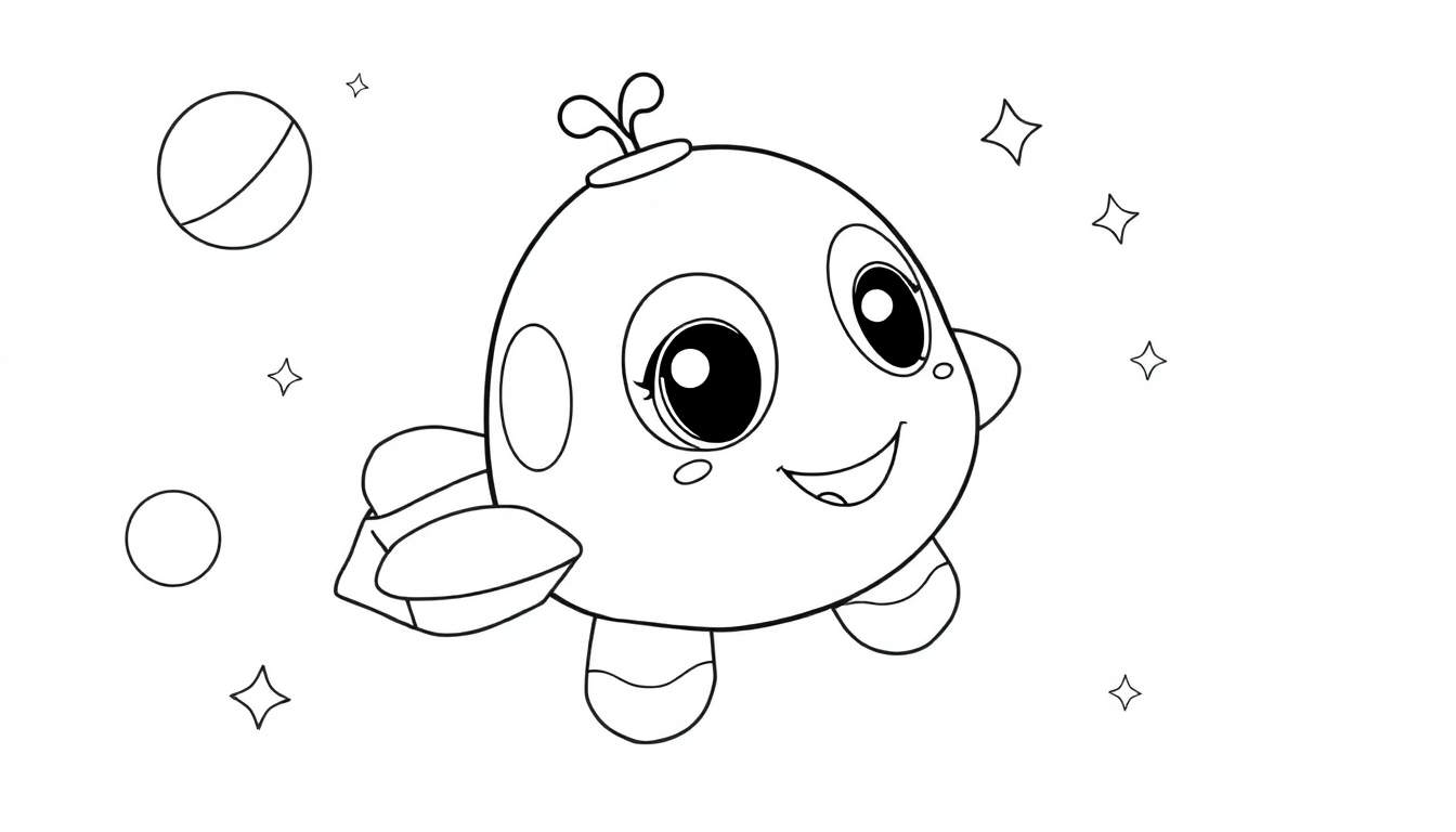 Un cohete de dibujos animados amigable con ojos grandes y una sonrisa, rodeado de estrellas y planetas, listo para ser coloreado en esta placa de color.
