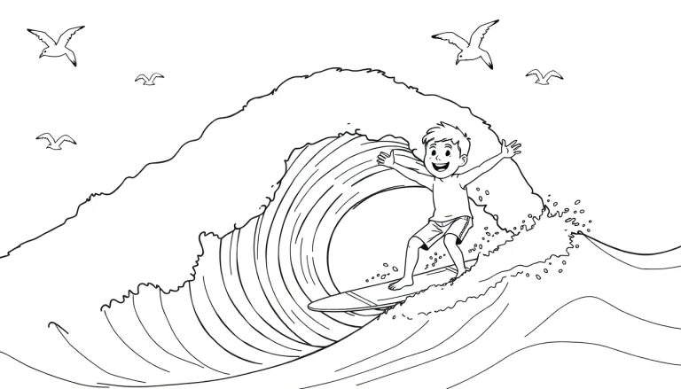 Niño feliz surfeando en una tabla de surf, diseño de placa de color.