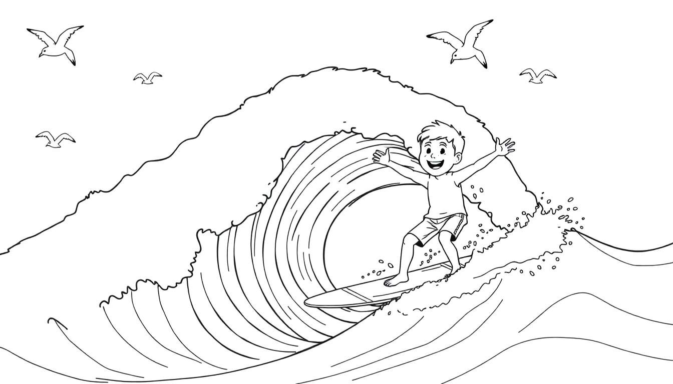 Niño feliz surfeando en una tabla de surf, diseño de placa de color.