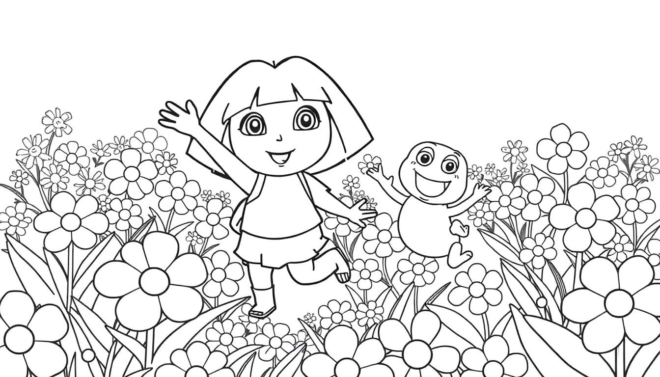 Dora la Exploradora y Boots el mono saltando en un campo de flores para colorear.