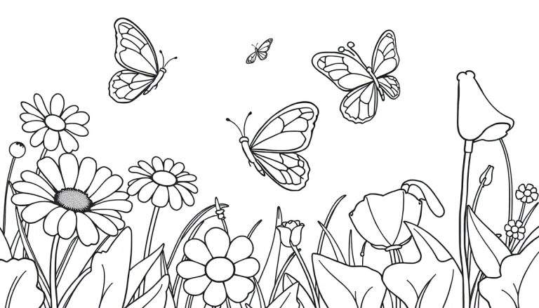 Placa de color de mariposas y flores para colorear