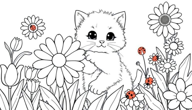 Una placa para colorear de un gatito explorando un jardín lleno de flores.
